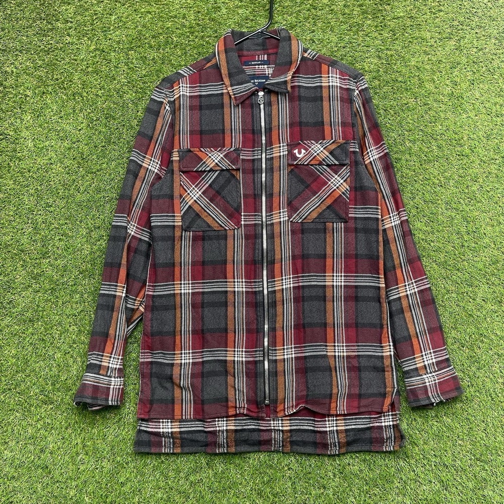 True Religion Jacket Shirt Mens Small Flannel Plaid Full Zip Autumn Long Sleeve